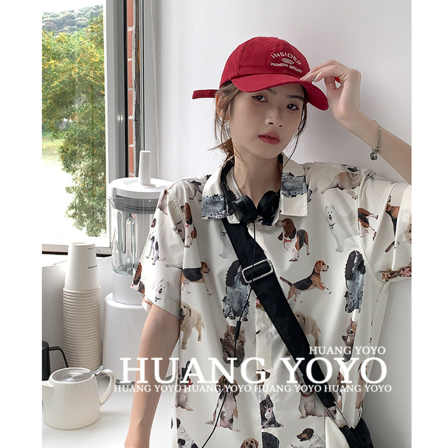 HUANG YOYO Áo Sơ Mi Tay Ngắn Dáng Rộng Có Cổ In Hình Động Vật Vui Nhộn Thiết Kế Mới Dành Cho Bạn Gái