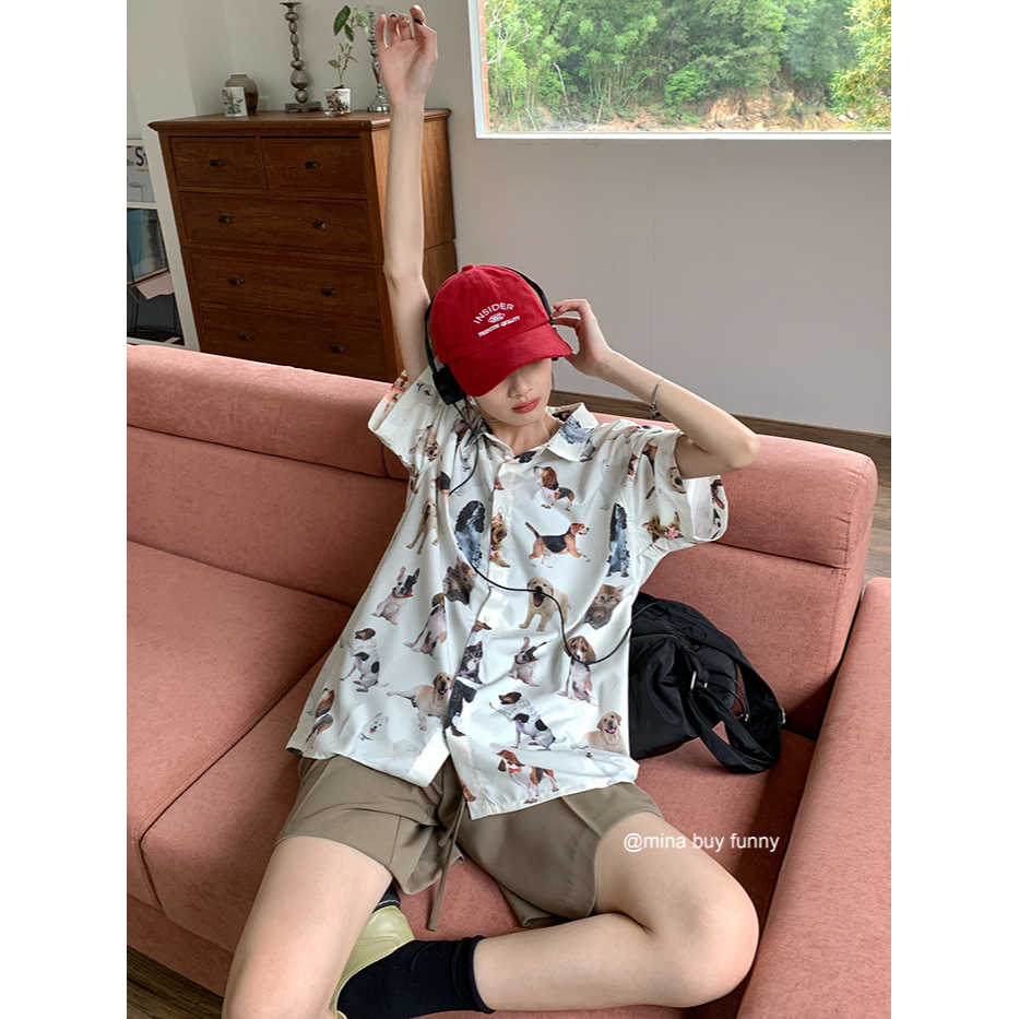 HUANG YOYO Áo Sơ Mi Tay Ngắn Dáng Rộng Có Cổ In Hình Động Vật Vui Nhộn Thiết Kế Mới Dành Cho Bạn Gái