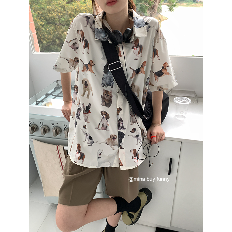 HUANG YOYO Áo Sơ Mi Tay Ngắn Dáng Rộng Có Cổ In Hình Động Vật Vui Nhộn Thiết Kế Mới Dành Cho Bạn Gái