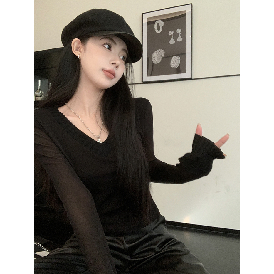 ZHELIHANGFEI Áo Dệt Kim Nữ Tay Dài Cổ Chữ V Thời Trang