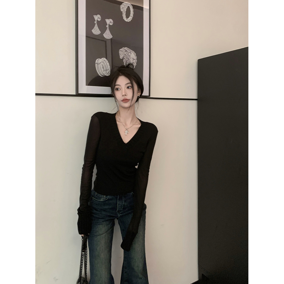 ZHELIHANGFEI Áo Dệt Kim Nữ Tay Dài Cổ Chữ V Thời Trang