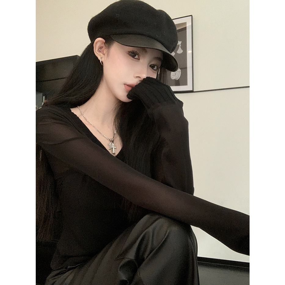 ZHELIHANGFEI Áo Dệt Kim Nữ Tay Dài Cổ Chữ V Thời Trang