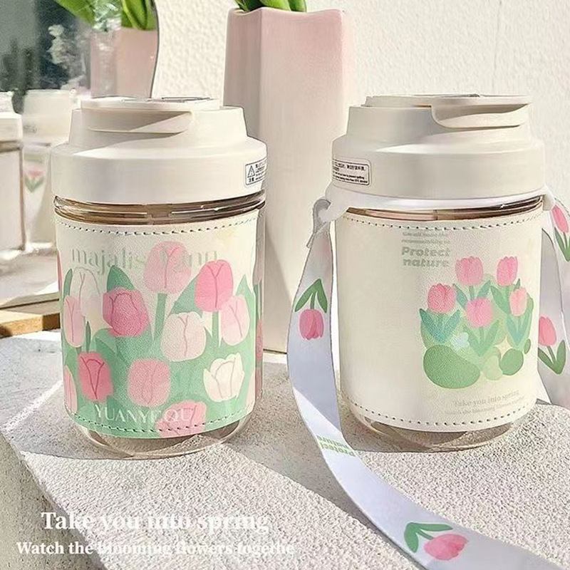 Cốc Thủy Tinh Cao Cấp Chống Bỏng Kèm Giá Đỡ Ống Hút Hình Hoa Tulip Phong Cách Hàn Quốc