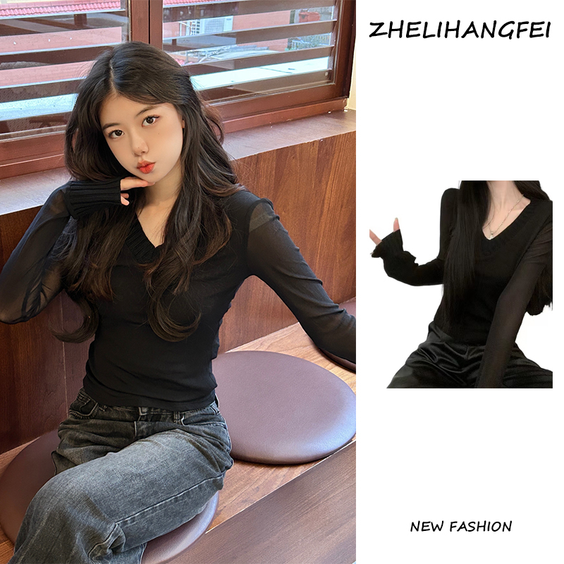 ZHELIHANGFEI Áo Dệt Kim Tay Dài Cổ Chữ V Phối Lưới Thiết Kế Ôm Sát Tôn Dáng