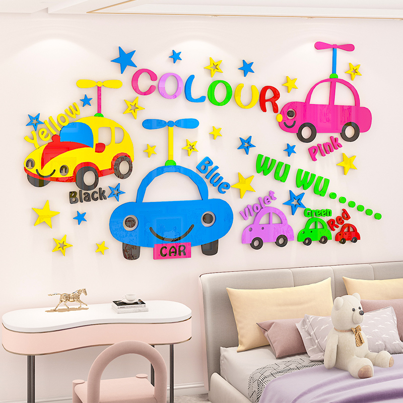 Nổi mica tranh phòng trẻ em bố trí phim hoạt hình xe ô tô dán phòng ngủ bé trai acrylic dán tường lớp học mẫu giáo trang trí tường bức tranh tường