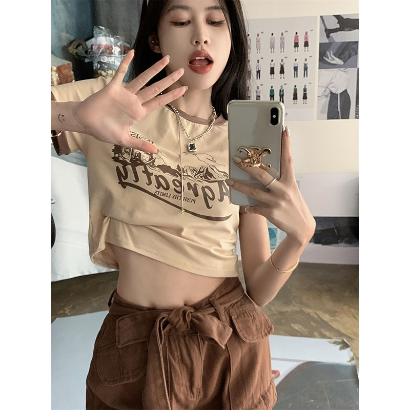 Áo Thun Lửng Ngắn Tay In Chữ Phong Cách Trẻ Trung Dành Cho Nữ