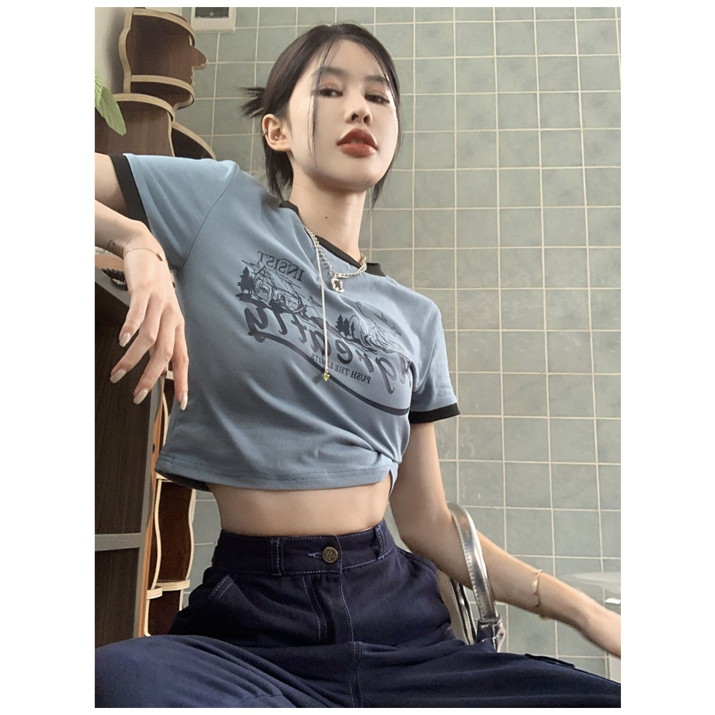 Áo Thun Lửng Ngắn Tay In Chữ Phong Cách Trẻ Trung Dành Cho Nữ