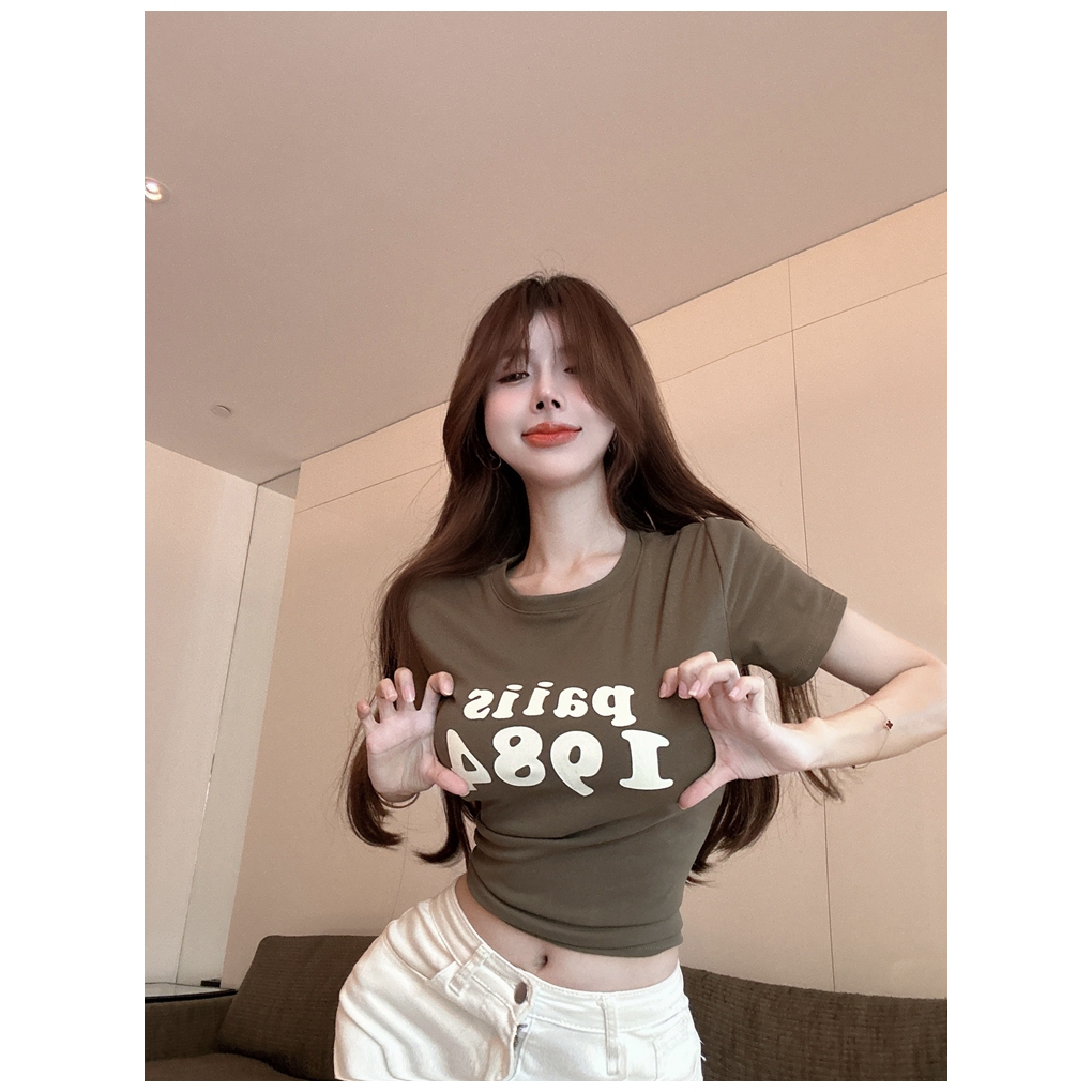 Áo Croptop Tay Ngắn Cổ Tròn In Chữ Thời Trang Mới 2023 Cho Nữ