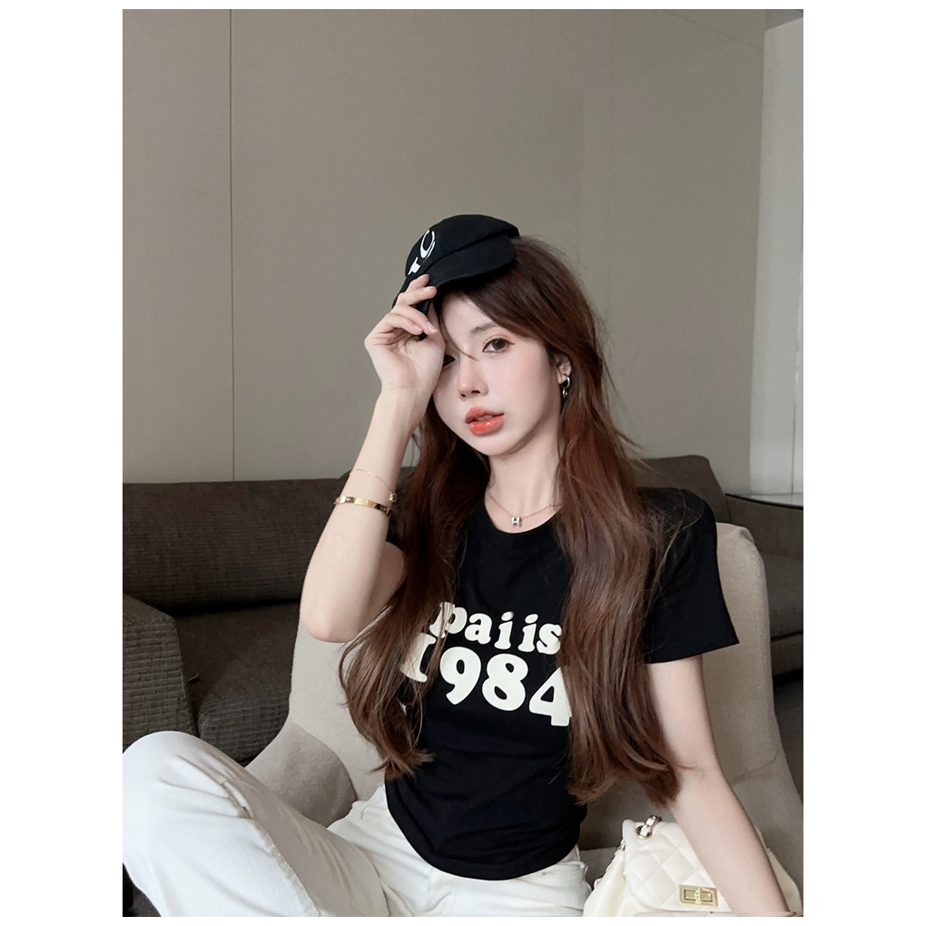 Áo Croptop Tay Ngắn Cổ Tròn In Chữ Thời Trang Mới 2023 Cho Nữ