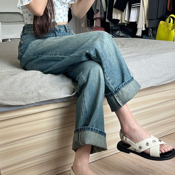 COZOK Quần Jean Dài Ống Rộng Lưng Cao Kiểu vintage Thời Trang Xuân Thu Cho Nữ