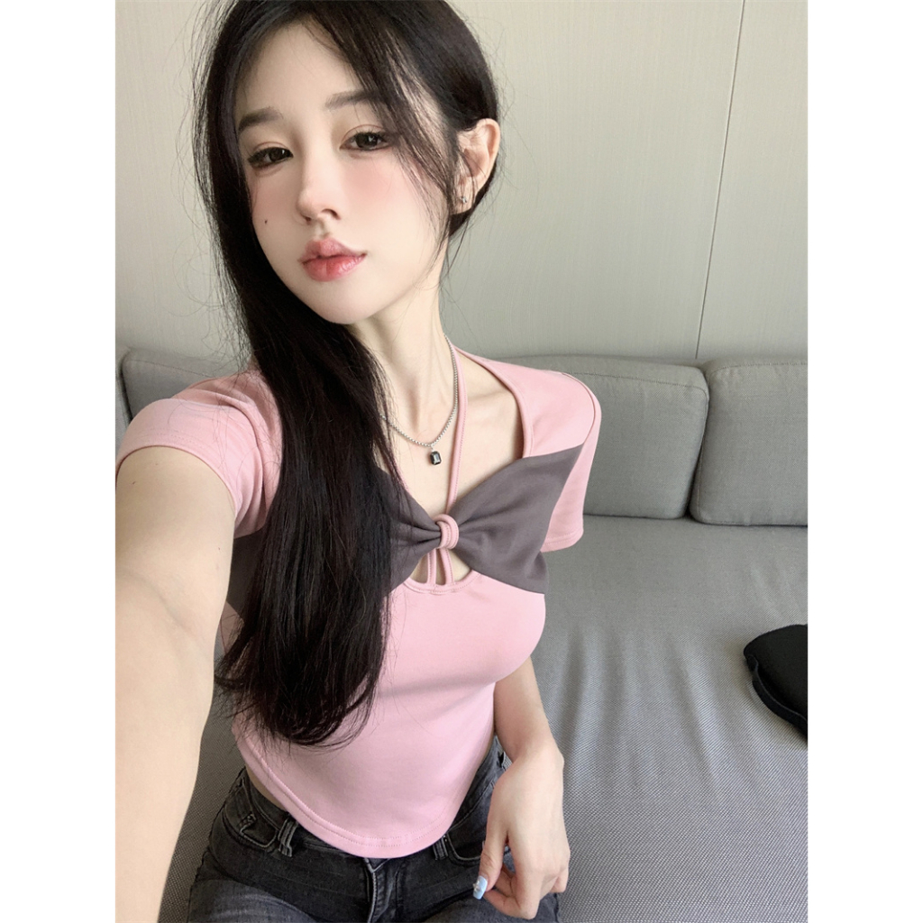 Áo Thun Croptop Tay Ngắn Dáng Ôm Đính Nơ Thời Trang Xinh Xắn Cho Nữ