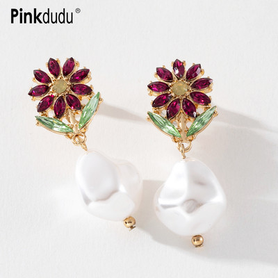 Khuyên tai PINKDUDU PD393 dáng dài bông hoa tím đính hạt ngọc trai nhân tạo trắng thời trang mùa xuân thanh lịch cho nữ