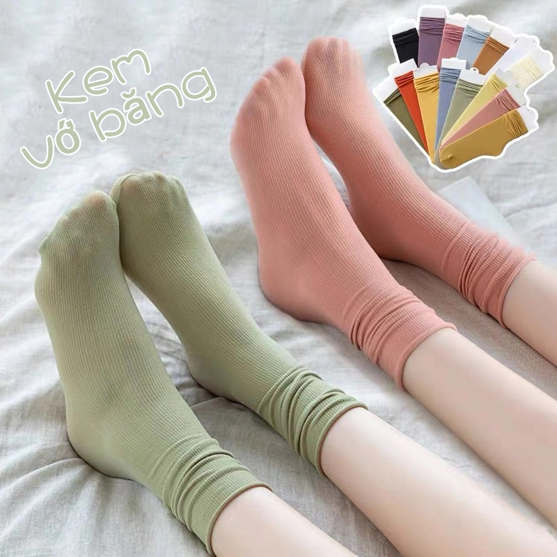 One more shoes⭐Vớ Dài Trung Bình Bằng Lụa Lạnh Mỏng Màu Trơn Cho Nữ