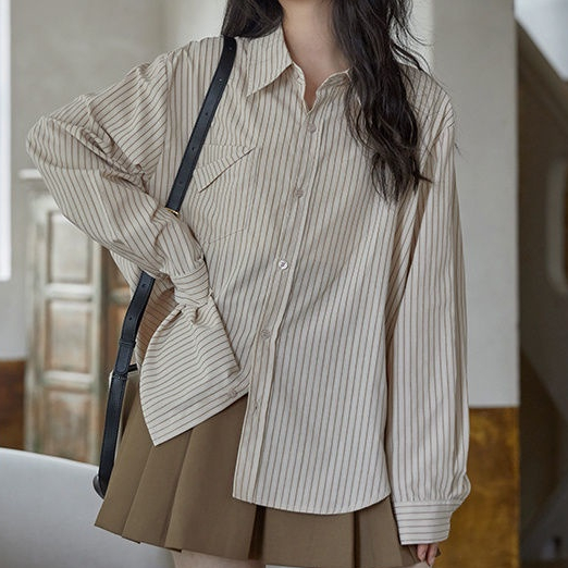 COZOKC Áo Sơ Mi Tay Dài Họa Tiết Kẻ Sọc Đơn Giản Thời Trang