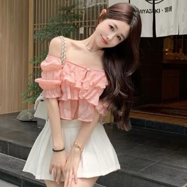 Áo kiểu COZOKC vải chiffon tay ngắn phồng trễ vai phối bèo nhún thời trang dành cho nữ