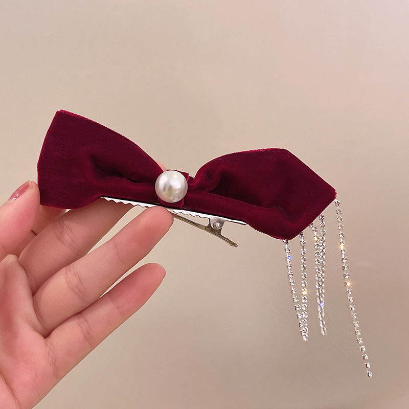 Kẹp Tóc Hình Nơ Tua Rua Đính Ngọc Trai Thời Trang Nhật Hàn