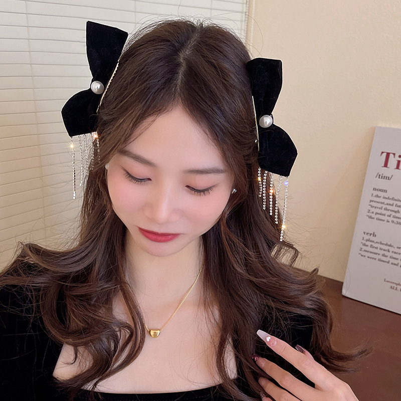 Kẹp Tóc Hình Nơ Tua Rua Đính Ngọc Trai Thời Trang Nhật Hàn