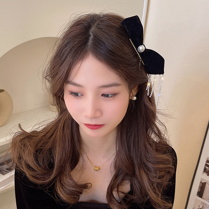 Kẹp Tóc Hình Nơ Tua Rua Đính Ngọc Trai Thời Trang Nhật Hàn