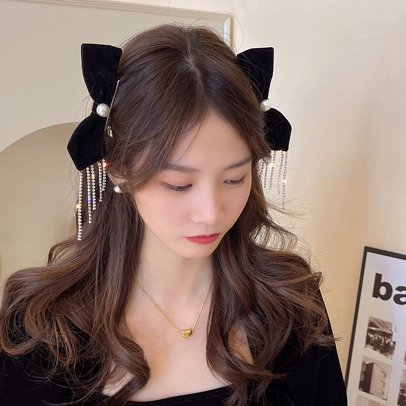 Kẹp Tóc Hình Nơ Tua Rua Đính Ngọc Trai Thời Trang Nhật Hàn