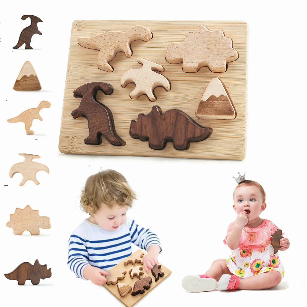 Set đồ chơi xếp hình MAMIMAMIHOME silicone gỗ kiểu dáng khủng long hoạt hình phong cách montessori làm quà tặng cho bé