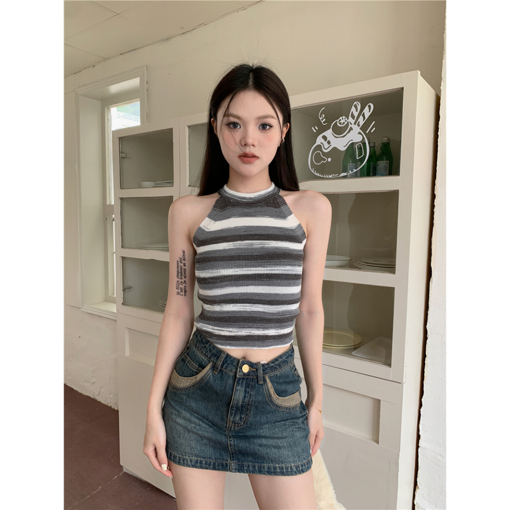 Lalisas Mới Áo crop top Hai Dây Kẻ Sọc Nhiều Màu Sắc Ngọt Ngào Sành Điệu Cho Nữ