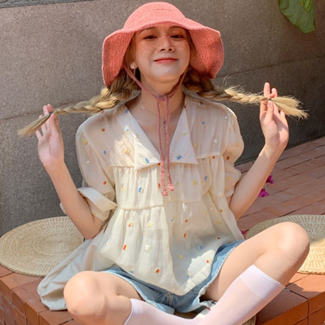 COZOK Áo Kiểu Tay Phồng Ngắn Thêu Họa Tiết Dễ Thương