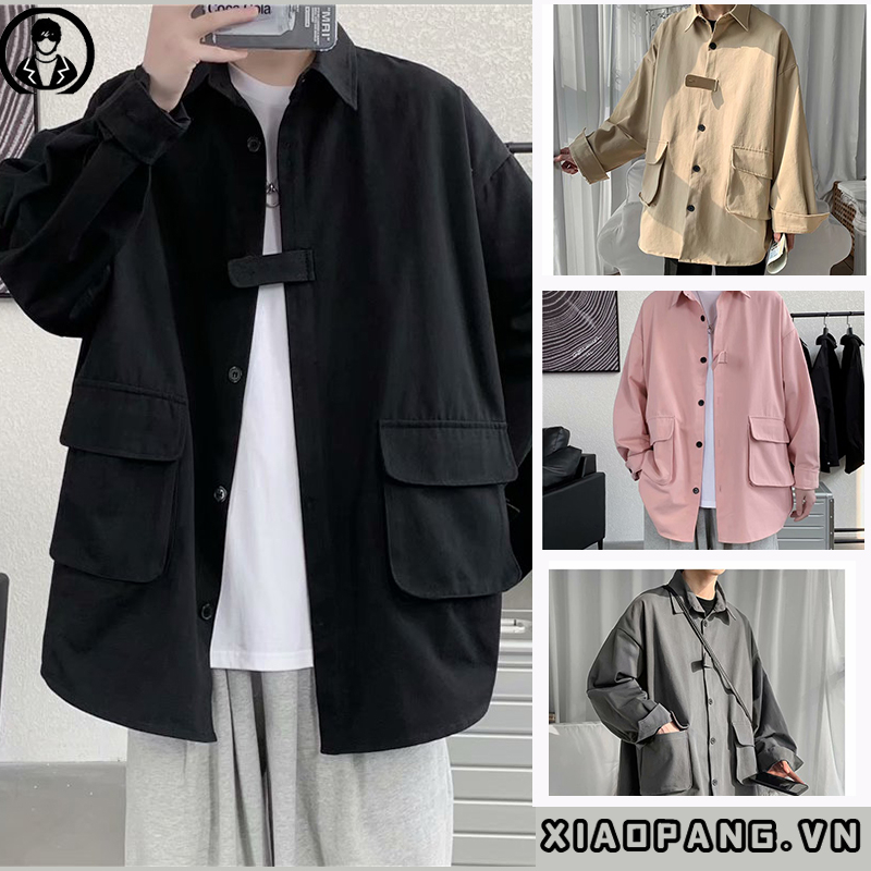 áo sơ mi nam tay dài màu trơn có túi lớn thời trang harajuku đơn giản phong cách hàn quốc simple áo dài tay áo khoác nữ bigsize unisex jacket cổ tròn áo nữ form rộng bigsize hàn quốc
