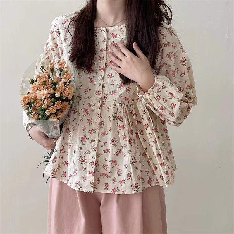 Áo Sơ Mi Nữ Dài Tay In Hoa Phong Cách Hàn Quốc