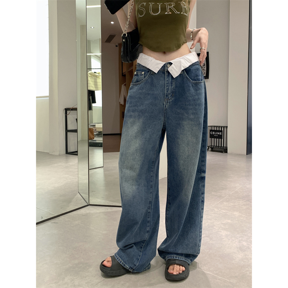 「MOTEL7」Quần Denim Lưng Cao Ống Rộng Có Thể Giặt Được