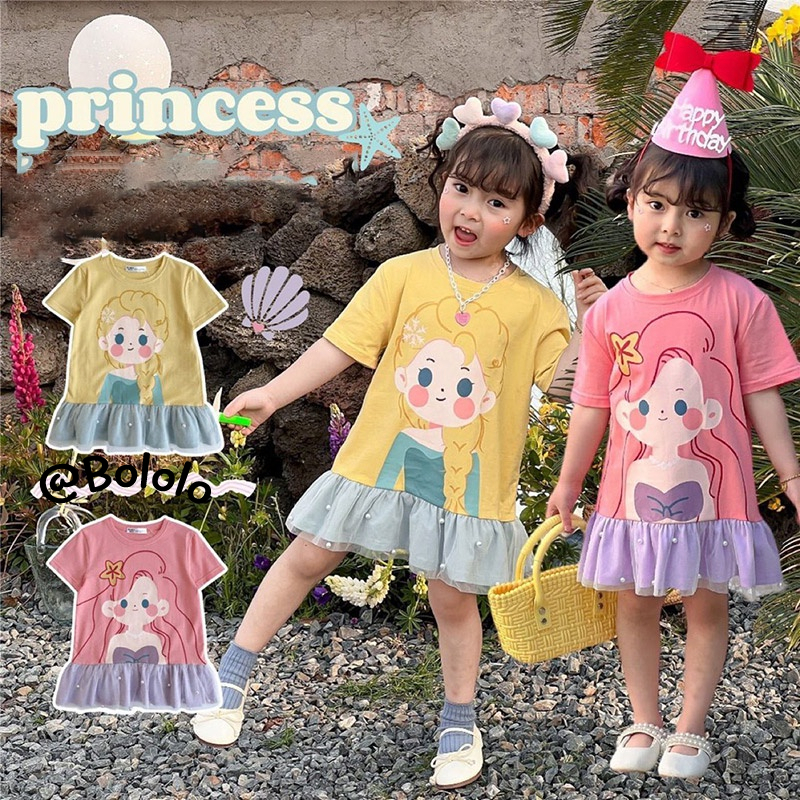 Bololo Đầm Công Chúa Phối Lưới Họa Tiết Hoạt Hình Phong Cách Hàn Quốc Cho Bé Gái