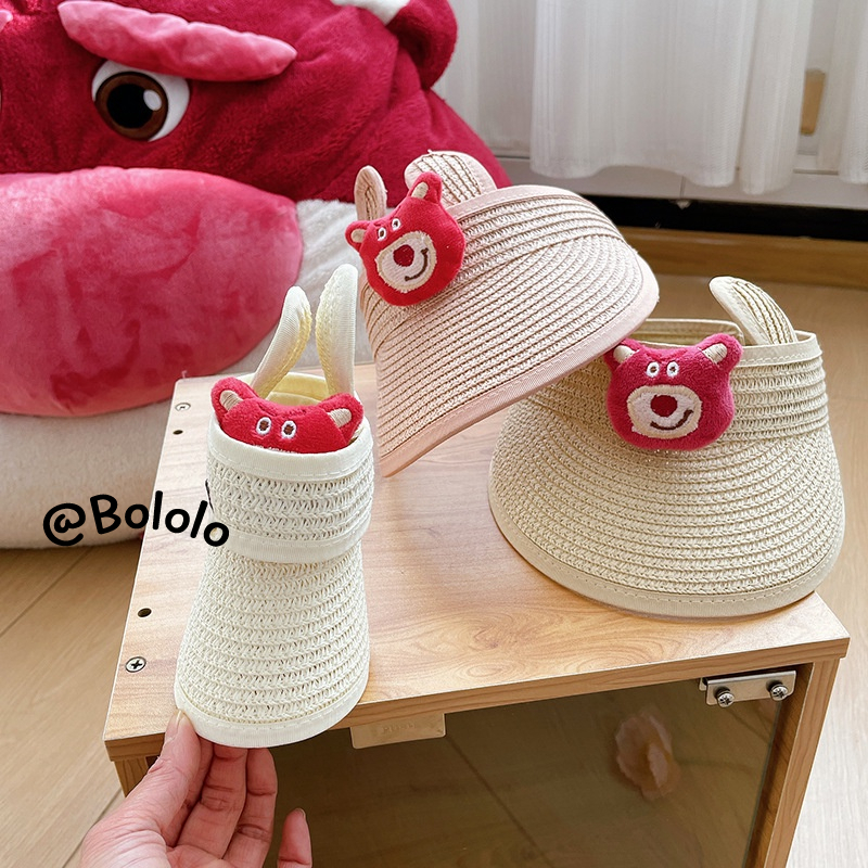 Bololo Mũ Cói Hở Chóp Che Nắng Họa Tiết Gấu Và Dâu Tây Dễ Thương Cho Bé