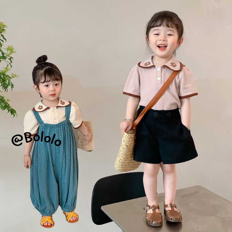 Bololo Áo Kiểu Tay Phồng Ngắn Cổ Bẻ Họa Tiết Hoa Ngọt Ngào Cho Bé Gái