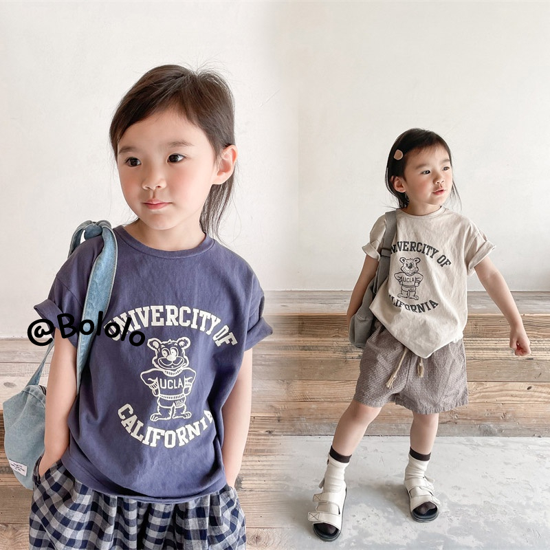 Bololo Áo Thun cotton Ngắn Tay Dáng Rộng Phong Cách Hong Kong Thời Trang Cho Bé Trai Và Gái