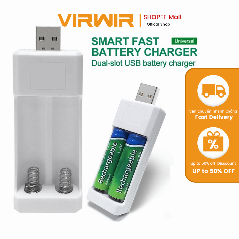 Bộ sạc dự phòng VIRWIR 18650 2 khe USB thích hợp cho AAA/ AAA
