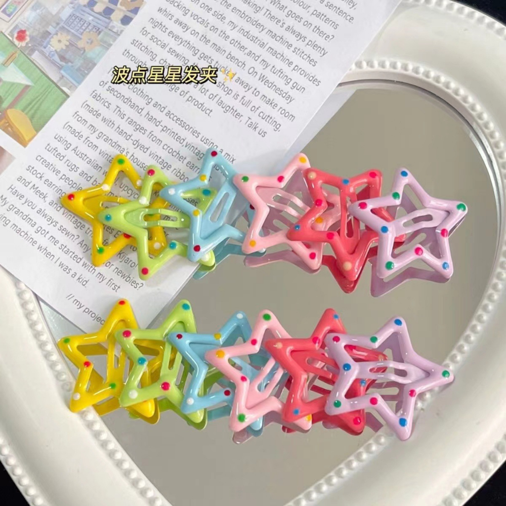 Kẹp Tóc Kim Loại Hình Ngôi Sao / Chấm Bi Nhiều Màu Sắc Ngọt Ngào Dễ Thương Cho Bé Gái