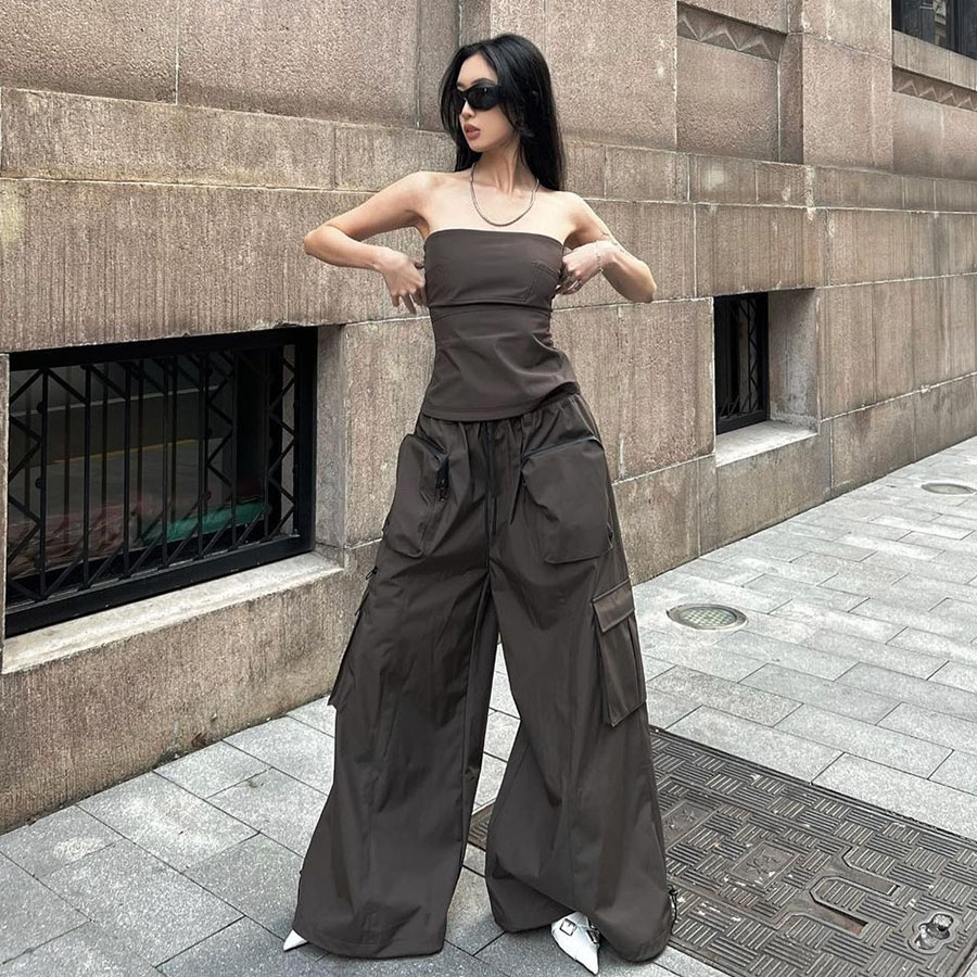 Bộ Áo Ống Màu Trơn + Quần Lưng Cao Dáng Rộng Phối Túi Phong Cách Retro Đường Phố Đơn Giản Dành Cho Nữ