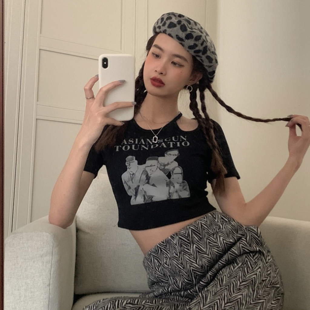 Frontline Phụ Nữ Crop Top Retro Cắt Ra Thoải Mái Tay Ngắn Mùa Hè Áo Hàng Ngày Mua Sắm Thường