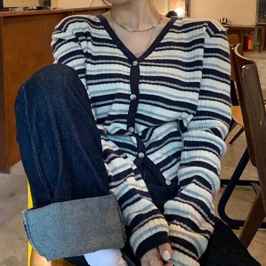 COZOK Áo khoác cardigan cổ chữ V kẻ sọc ngang phong cách Hàn Quốc