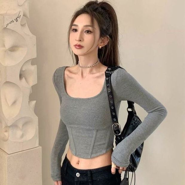 COZOK Áo Thun Tay Dài Cổ Vuông Dáng Ôm Thời Trang Xuân Thu Phong Cách Hàn Quốc Cho Nữ