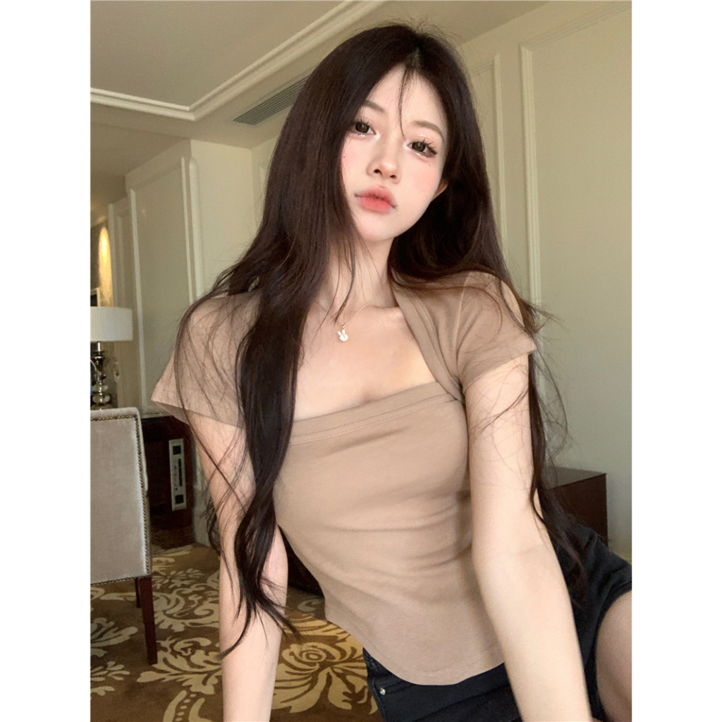Áo Thun Tay Ngắn Cổ Vuông Dáng Ôm Phong Cách Hàn Quốc Dành Cho Nữ