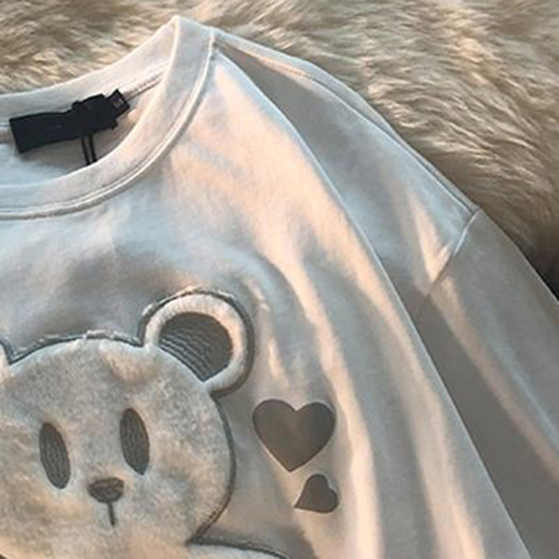Áo Thun Ngắn Tay Cổ Tròn Dáng Rộng Thêu Hình Gấu Hoạt Hình Thời Trang Mùa Hè Giản Dị