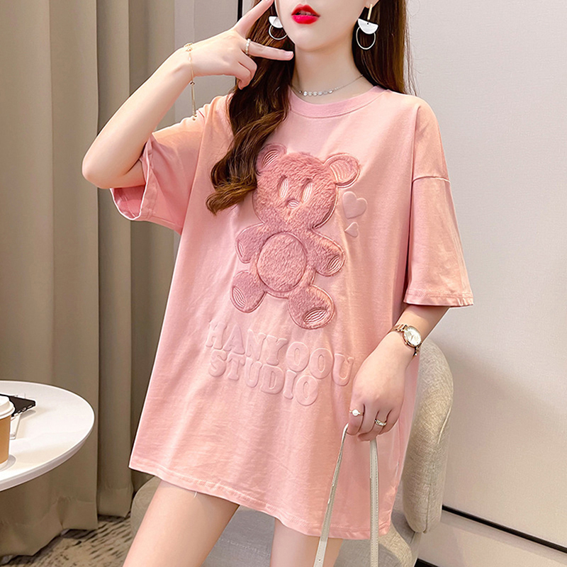Áo Thun Ngắn Tay Cổ Tròn Dáng Rộng Thêu Hình Gấu Hoạt Hình Thời Trang Mùa Hè Giản Dị