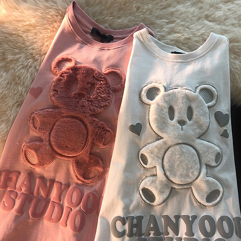 Áo Thun Ngắn Tay Cổ Tròn Dáng Rộng Thêu Hình Gấu Hoạt Hình Thời Trang Mùa Hè Giản Dị