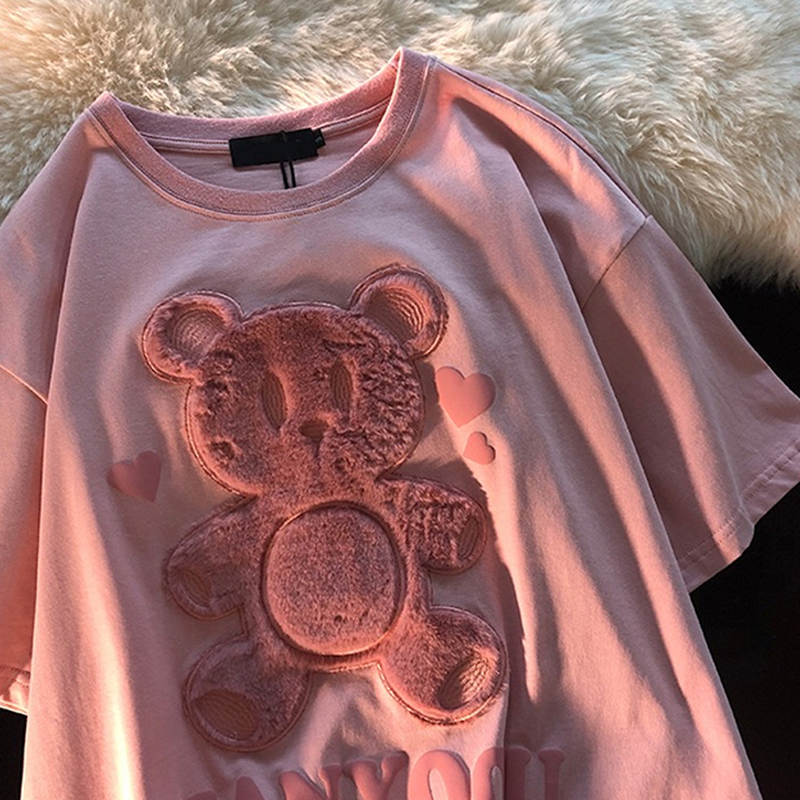 Áo Thun Ngắn Tay Cổ Tròn Dáng Rộng Thêu Hình Gấu Hoạt Hình Thời Trang Mùa Hè Giản Dị