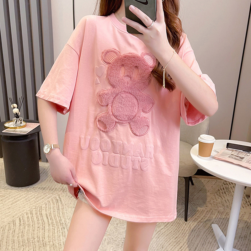 Áo Thun Ngắn Tay Cổ Tròn Dáng Rộng Thêu Hình Gấu Hoạt Hình Thời Trang Mùa Hè Giản Dị