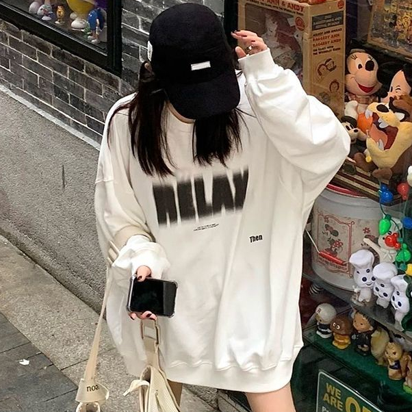 COZOK Áo sweater tay dài dáng rộng cá tính trẻ trung