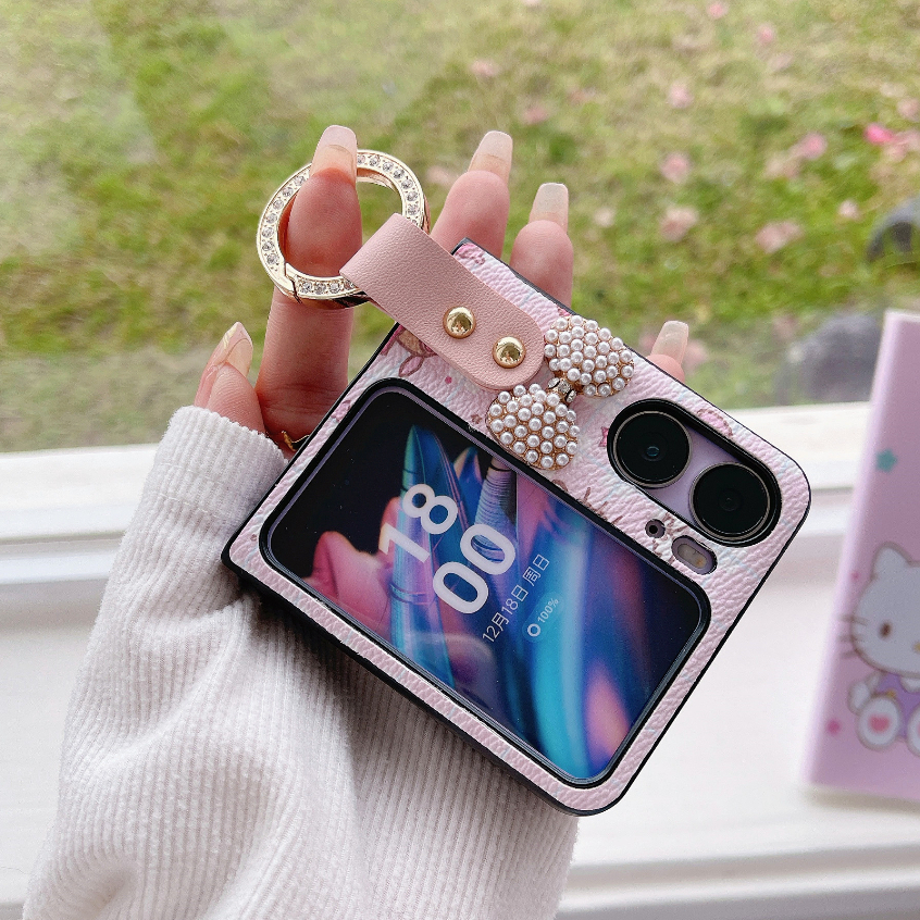 Ốp Điện Thoại Nắp Gập Bằng Da Có Ngăn Đựng Thẻ Và Dây Đeo Ngắn Hình Hello Kitty Đính Đá Cho OPPO Find N2