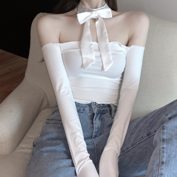 Áo thun COZOK dài tay cổ thắt nơ đính đá lấp lánh quyến rũ