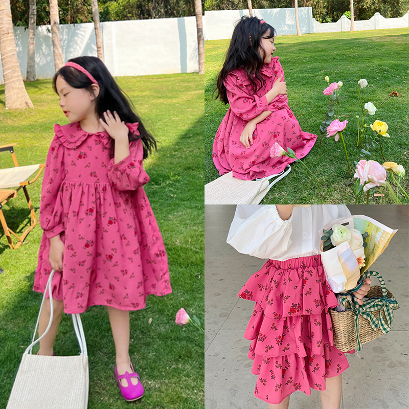 Đầm Xòe Dài Ngang Gối Vải Polyester In Hoa Tay Áo Toàn Diện Kiểu Hàn Quốc Cho Bé Gái