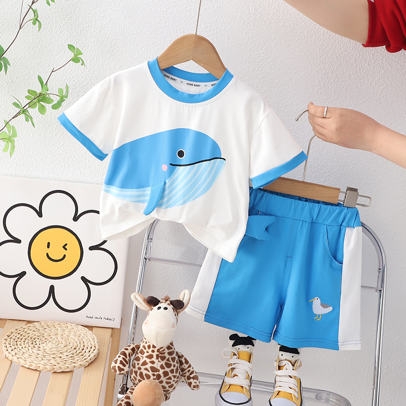 Set Áo Thun Ba Lỗ + Quần Short Cotton In Hình Cá Voi Hoạt Hình Thời Trang Mùa Hè Cho Bé 80-120cm